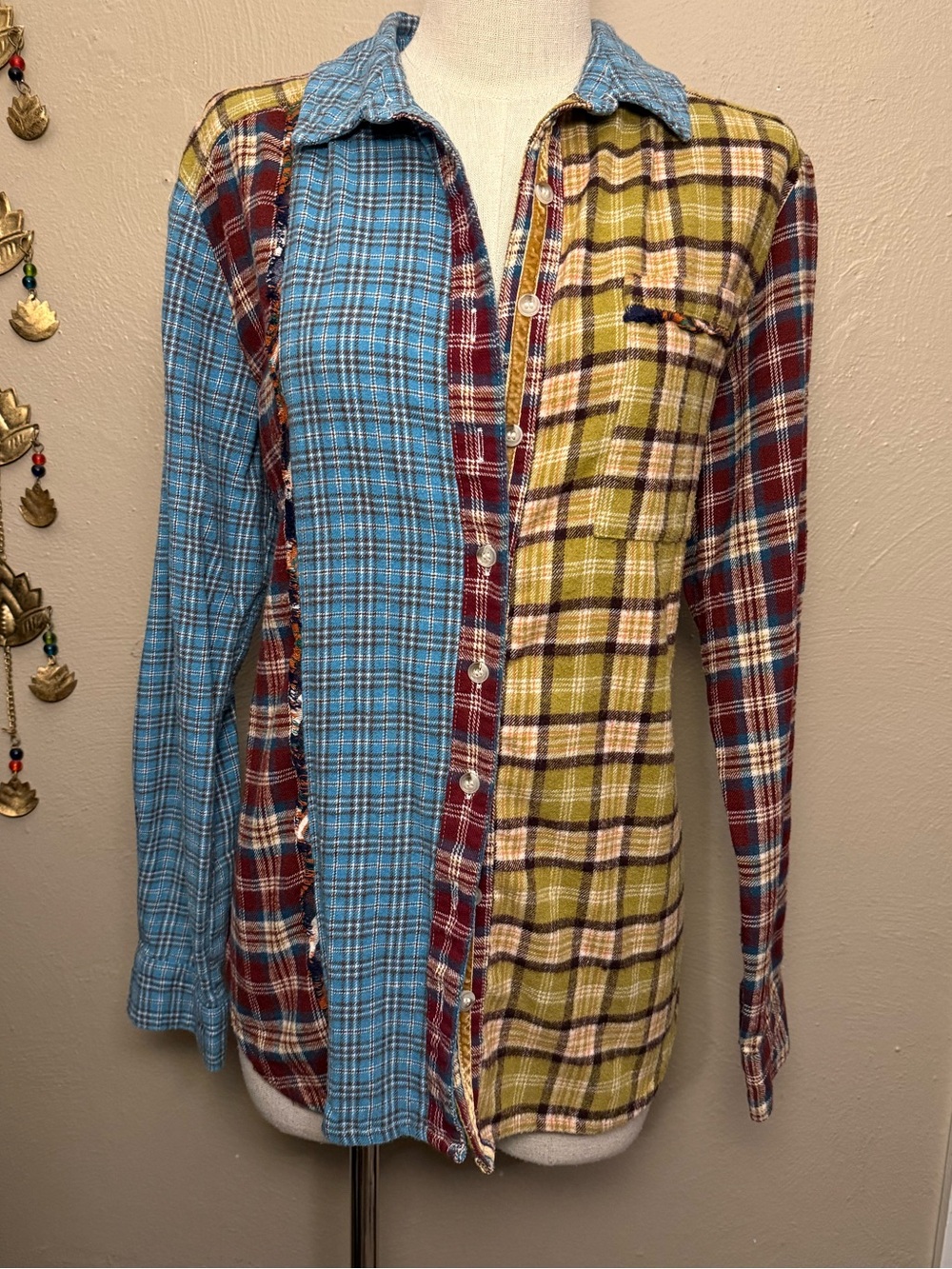 Tru Luxe Jeans Patchwork Plaid Panel fringe Flannel Shirt Button Up size medium